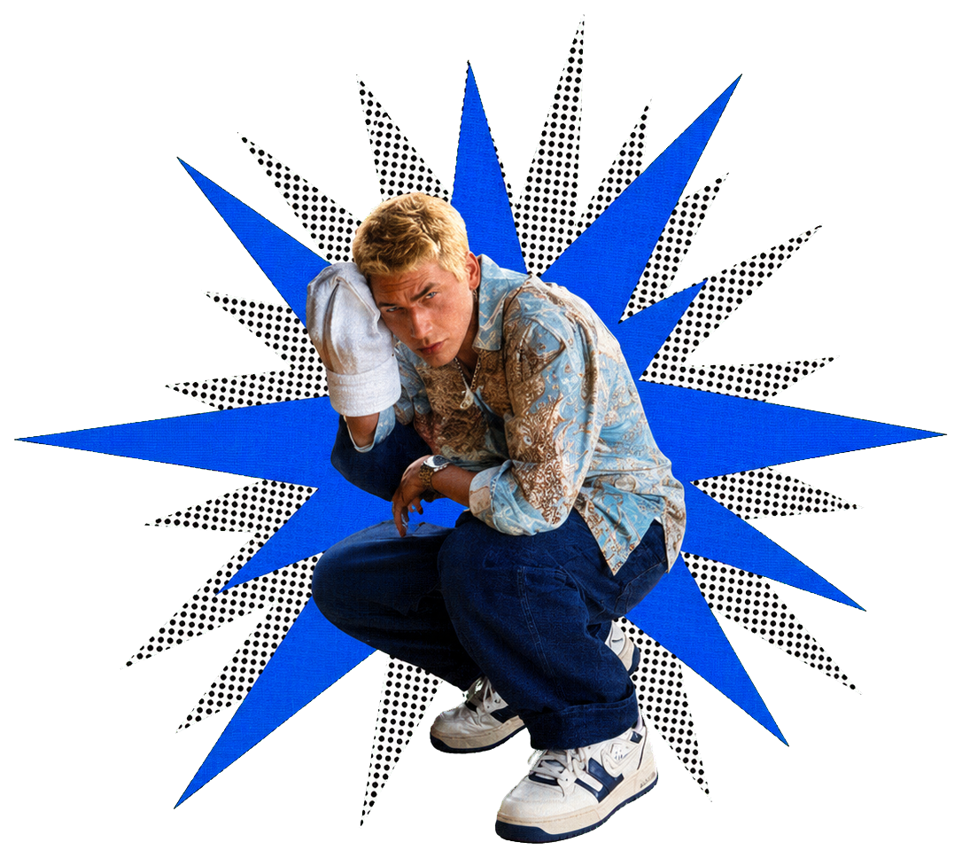 Collage figure on blue spiky background